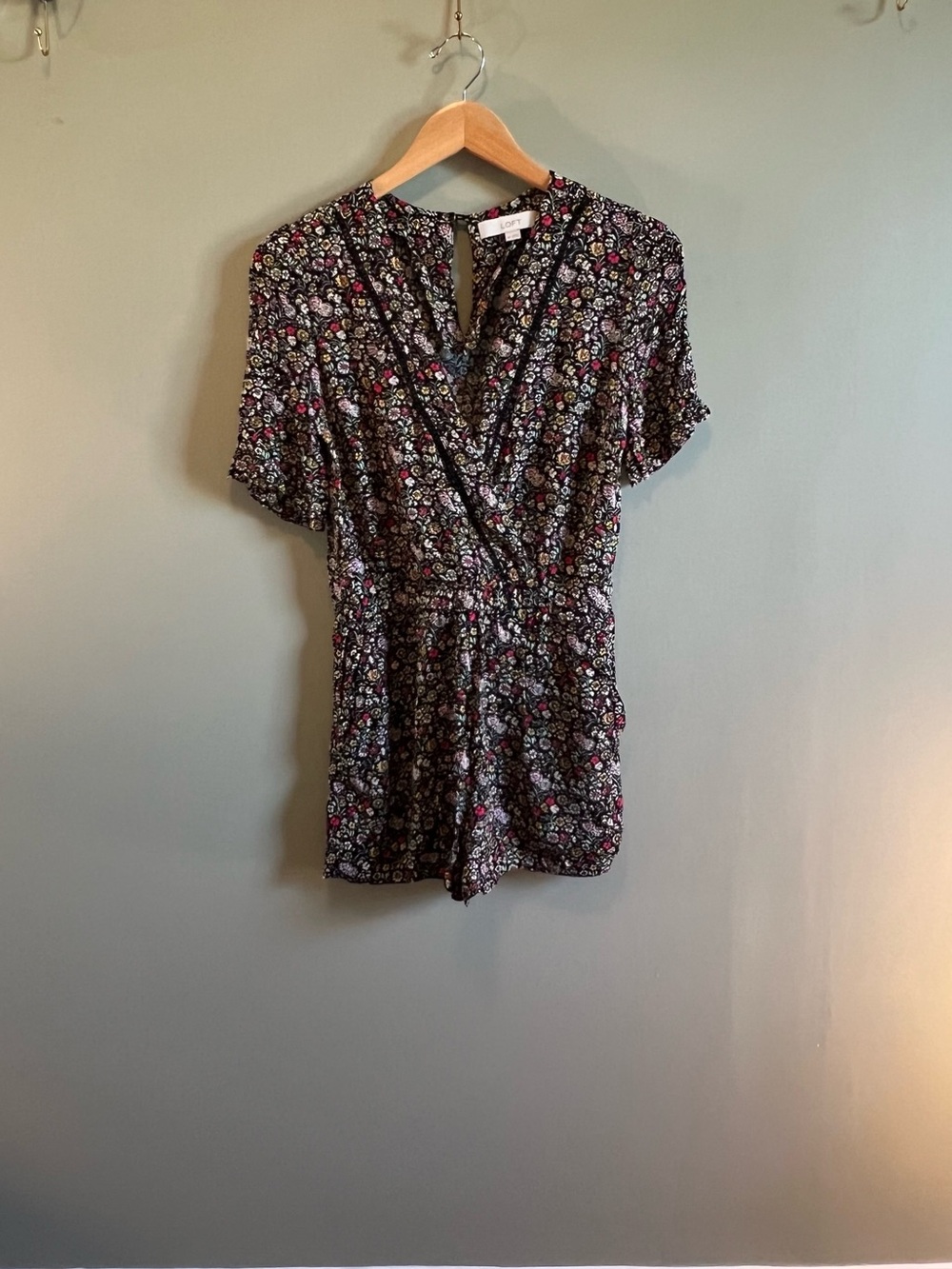 LOFT Black Floral Wrap-Style Romper with Pink & Green‎ Accents